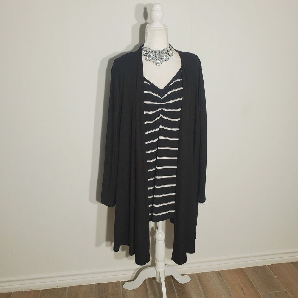 NEW!! TERRA & SKY CARDIGAN+TOP BLACK/WHITE LONG SLEEVE POLY/RAYON SIZE 4X
